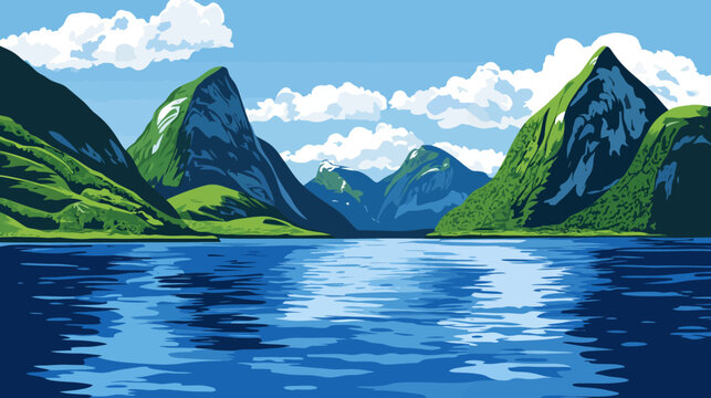 Pixelated artwork showing a serene landscape with mountains, water, and sky