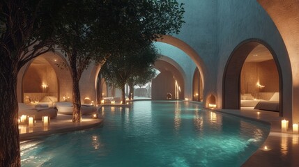 Naklejka premium Ultra luxury resort pool with elegant arches warm ambient lighting and lush greenery, tranquil spa environment with reflective water premium design and relaxing atmosphere for vacation experience