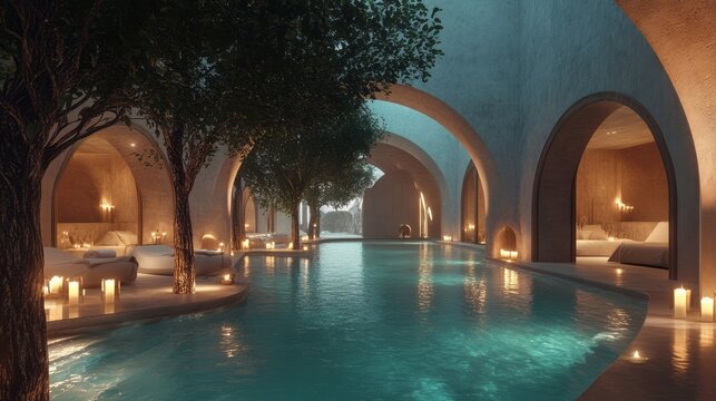 Ultra luxury resort pool with elegant arches warm ambient lighting and lush greenery, tranquil spa environment with reflective water premium design and relaxing atmosphere for vacation experience