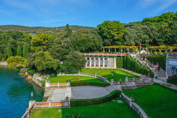 Fototapeta premium Scenic view of Miramare Castle and Adriatic Sea near Trieste Italy. View of Miramare Castle Trieste, Italy, Europe 