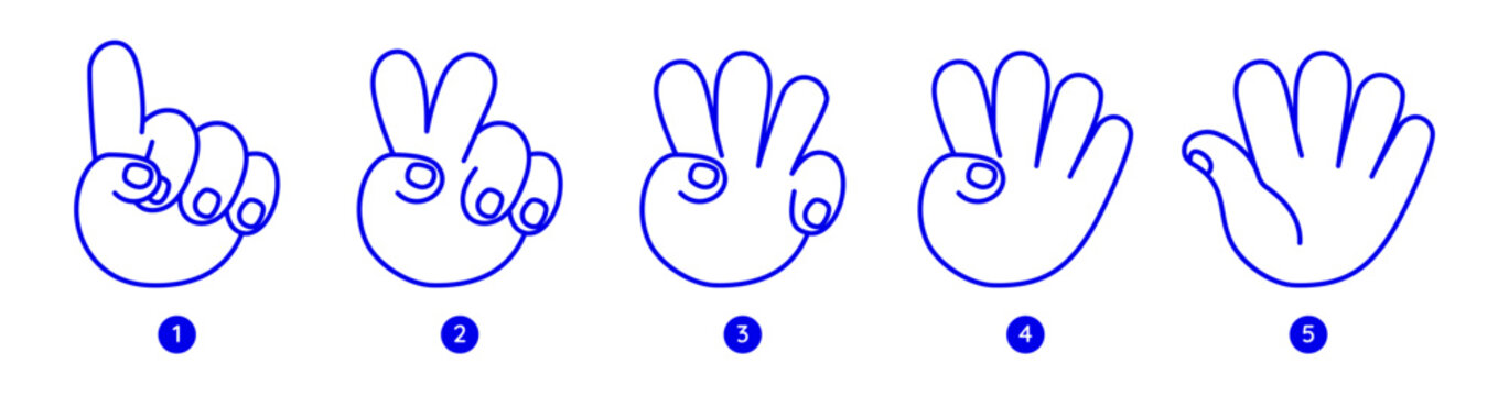 Vector hand drawn gesture, doodle sketchy illustration, sign, hand showing 1 to 5