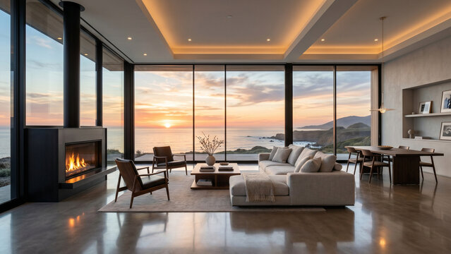 Luxury modern beach house living room interior with panoramic ocean view at sunset, minimalist design villa, premium beachfront real estate and lifestyle concept