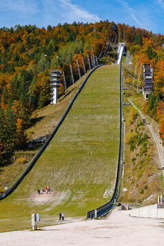 Autumn landscape of the Planica Ski jumping hills in Slovenia, Europe	