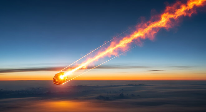Fiery meteor streaks across sunset sky, burning trail, cosmic arrival, celestial event, imminent threat