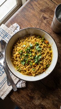 Indian maggi noodles in bowl, simple homemade food top view