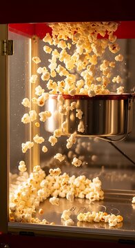 Golden popcorn pouring from machine.