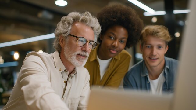 Diverse startup founding team of three generations collaborating on brand identity mood board in golden hour lighting studio, elderly creative director guiding millennial and gen z partners through