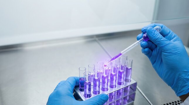 Chemist running fluorescent enzyme kinetic assay with purple reagents