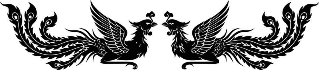 Elegant symmetrical Thai phoenix bird and floral decorative element © Rosie Lee