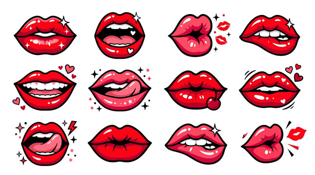Collection of red lips illustrations featuring kissing, biting, and licking expressions with hearts and sparkles