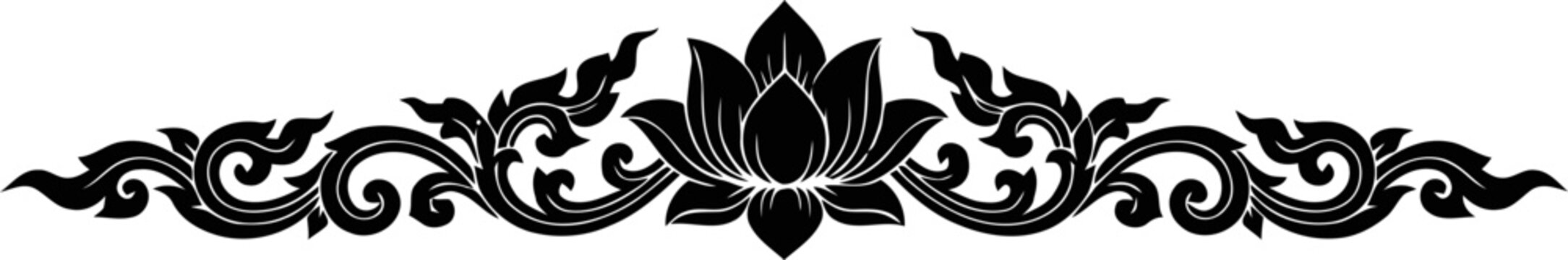 Horizontal Thai Style Floral Scroll Ornament with Lotus Flower Center