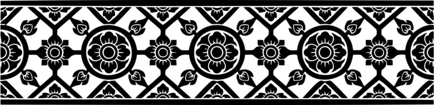 Geometric and floral Thai pattern border for traditional graphic design