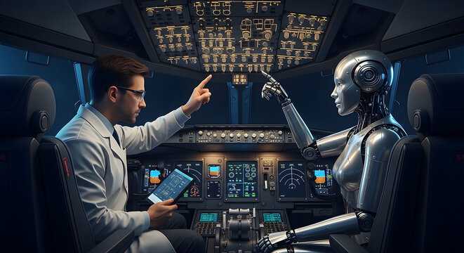 Future Aviation Collaboration: Humanoid Robot and Aerospace Engineer Pointing to Overhead Controls in Flight Deck
