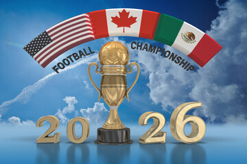 3D Fußballweltmeisterschaft 2026 mit den Flaggen der Gastgeber USA, Canada und Mexiko sowie alle Teilnehmerlander und deren Flaggen mit Pokal und Fußball, freigestellt auf transparenten Hintergrund © i-picture
