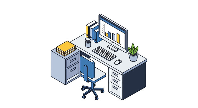 Isometric illustration of a modern office workspace with charts and data visualization