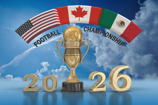 3D Fu&szlig;ballweltmeisterschaft 2026 mit den Flaggen der Gastgeber USA, Canada und Mexiko sowie alle Teilnehmerlander und deren Flaggen mit Pokal und Fu&szlig;ball, freigestellt auf transparenten Hintergrund