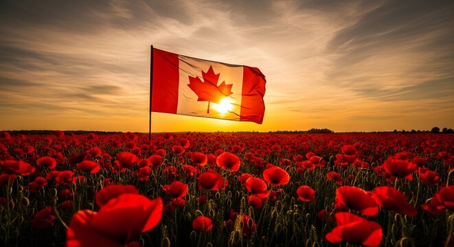 Canadian remembrance poppies and the flag at sunset