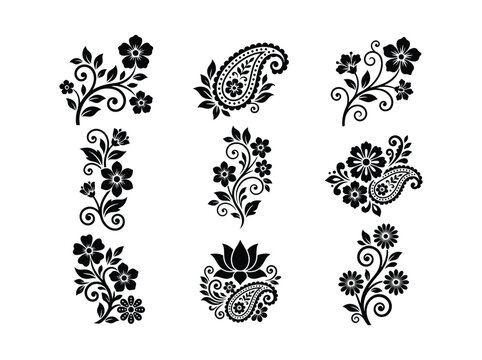 Henna mehndi paisley floral vector motifs for ethnic textile pattern