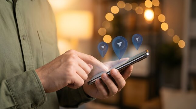 Person using a smartphone to interact with digital navigation map location markers on the screen