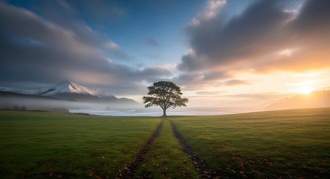The sun sets behind a solitary tree in a vast grassy field, casting long shadows as dramatic, colorful clouds fill the sky.