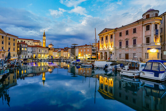 Sunset light over Piran harbour, one of Slovenia's major tourist attractions.