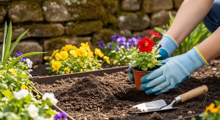 Fototapeta premium Person planting a red flower into garden soil using trowel and gloves
