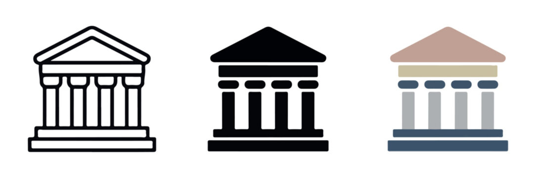 Set of three courthouse building icons showing front facade with pillars and triangular roof design.