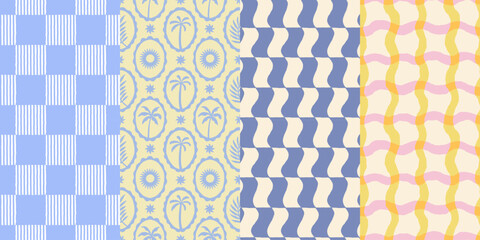 Fototapeta na wymiar Vector seamless patterns set in hand drawn doodle sketchy style with ocean waves, stripes and checks, abstract backgrounds for posters, summer sea side vacations holiday prints