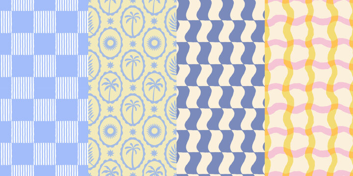 Vector seamless patterns set in hand drawn doodle sketchy style with ocean waves, stripes and checks, abstract backgrounds for posters, summer sea side vacations holiday prints