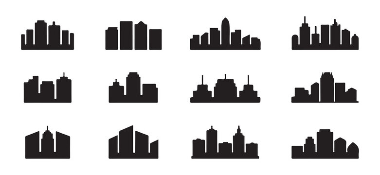 Collection of twelve city skyline silhouettes showing various urban arrangements and building shapes.