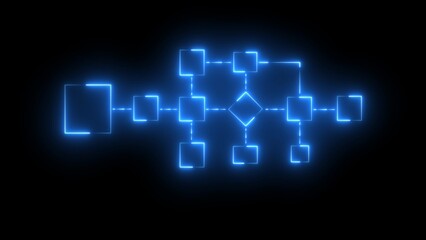 Fototapeta premium Glowing blue neon flowchart diagram with interconnected square and diamond nodes, linked by dashed lines against a solid black background, representing a digital network or logical process structure