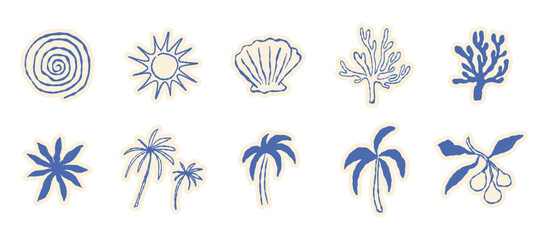 Obraz premium Vector hand drawn sketch doodle illustrations in naive art style, summer sea and beach vacation theme, stickers and drawing for tropical coastal prints