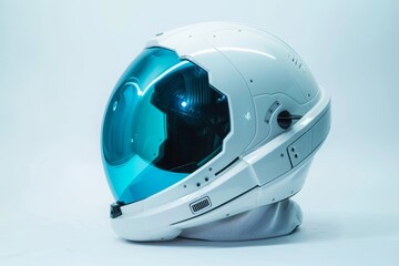 Fototapeta premium Futuristic white astronaut helmet with blue tinted visor isolated on white background.