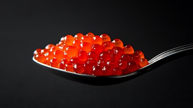 A spoonful of red caviar on a dark background