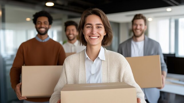 Multiethnic startup team packs belongings into boxes after successful acquisition exit, bittersweet expressions in industrial office space being vacated, ideal for startup success, business