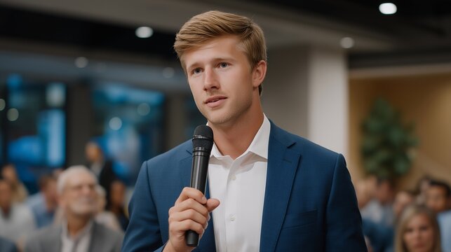 Young founder pitches to crowded room of skeptical venture capitalists in modern conference center, audience faces showing mixed reactions and judgment, ideal for series A fundraising, pitch