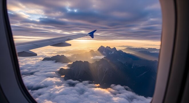 Aerial view of mountain peaks and clouds at sunset through an airplane window with a visible wing during flight travel