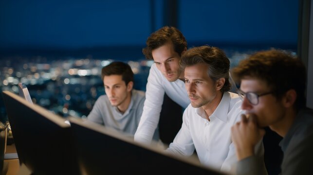 Diverse technical team conducts code review on massive monitor in darkened office, faces illuminated by screen glow, city lights visible outside, perfect for startup engineering, quality assurance,