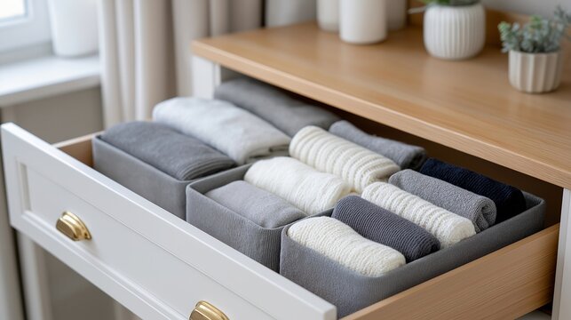 Drawer organizer displaying perfectly folded capsule wardrobe basics in grayscale palette with Marie Kondo vertical folding method visible in open dresser, ideal for clothing organization,