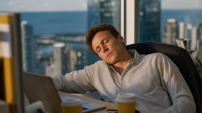 Exhausted founder reviews burn rate spreadsheet alone in office at dawn, empty chairs and cold coffee cups surrounding, city waking outside windows, perfect for startup finance, solo