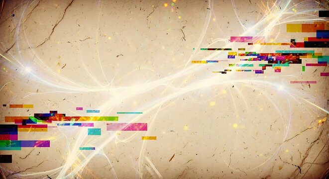 Glitchy colorful digital distortion on beige background