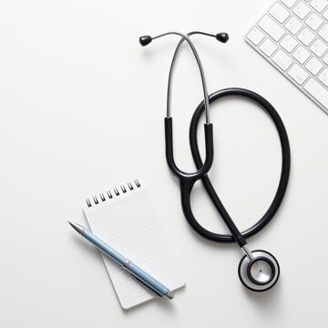 Flat lay of stethoscope with notepad pen and keyboard on white desk medical concept 