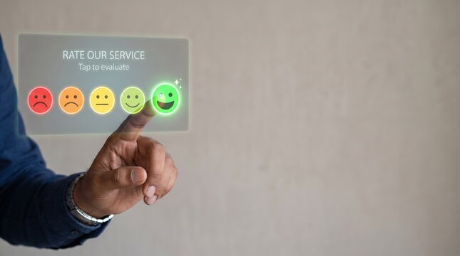 Male customer pressing green happy face on digital sentiment analysis interface