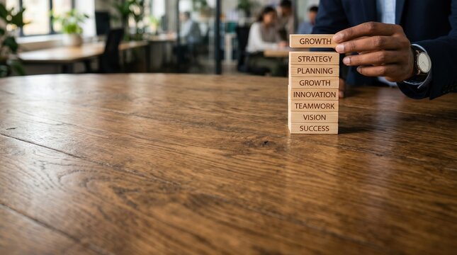Corporate manager building organizational restructuring strategy with wooden blocks
