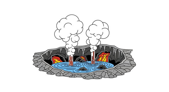 Illustrated volcanic scene with steam plumes rising from molten lava and water pools