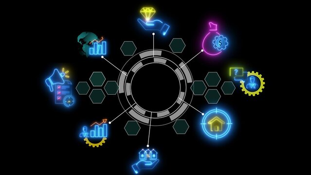 Neon digital infographic with a central circular hub connected to glowing representing global business, finance, real estate, communication, and data analytics on a black background