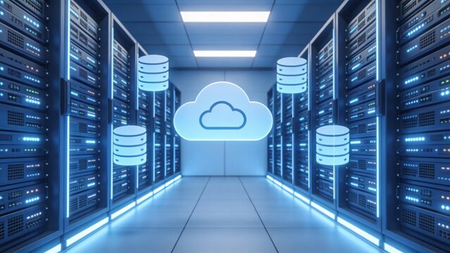 Cloud computing concept in modern data center with server racks and database icons, idea for AI infrastructure, big data storage, cybersecurity and enterprise IT network