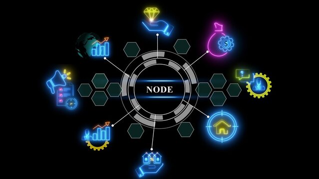 Neon digital node infographic with a glowing central hub, radiating connecting lines to of finance, business growth, data charts, and technology symbols on a solid black background