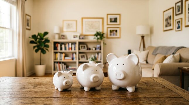 Three different sized piggy banks representing generational family wealth building