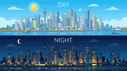 Modern city skyline landscape at day and night with skyscrapers bridge and waterfront © Mimo95